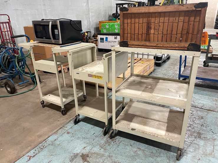 #7254-•-(3)-metal-rolling-carts,-wood-crate-and-microwave-image-1