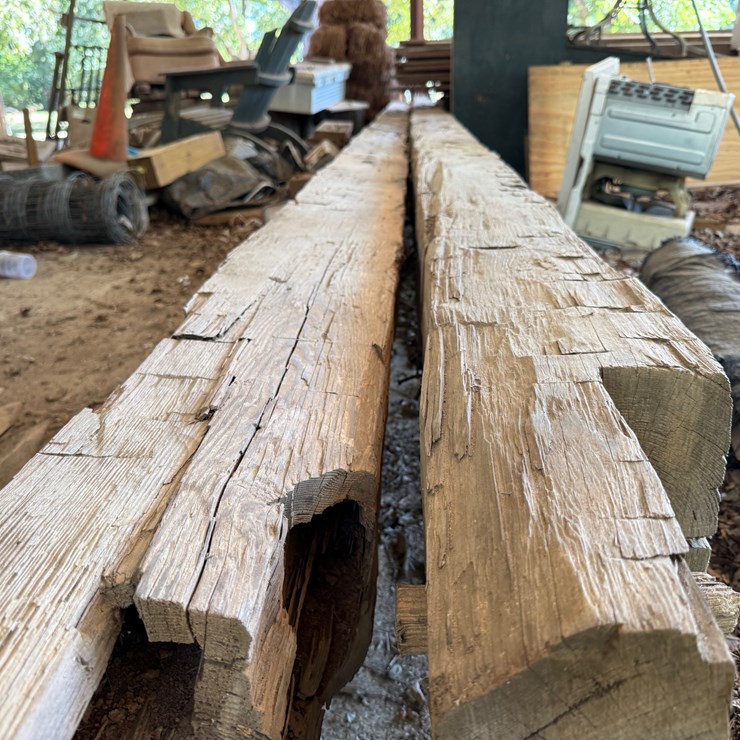 #55 • #1010 • (2) 32+ Foot Hand Cut Heartpine Beams