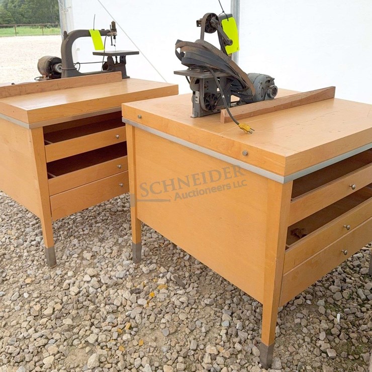 2- woodworking tools w/ wooden work tables